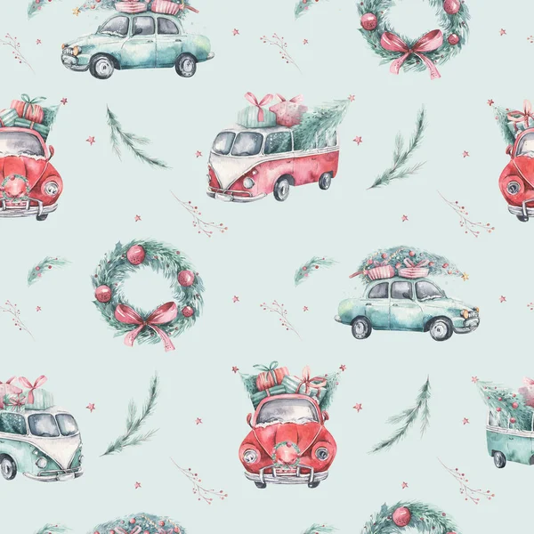 Padrão sem costura de férias de Natal aquarela com ilustração de transporte vermelho e verde. Feliz Natal auto design de inverno. Pintado à mão Ano Novo retro carros antigos papel de parede fundo tecido — Fotografia de Stock