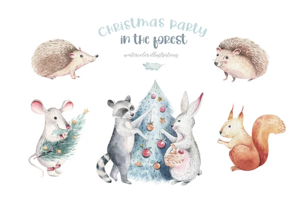 Набор рождественских лесных мультфильмов о свинье, милой скворце, мыши, зайце-зайце. Цветы, букеты, ягоды, цветы, снежинки и снежинки , — стоковое фото