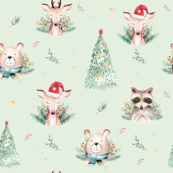 Sevimli bebek ayı, rakun ve geyik karikatür hayvan portre tasarımı ile suluboya dikişsiz desen. Beyaz kış tatil kartı. Yeni yıl dekorasyon, mutlu noel öğesi — Stok fotoğraf