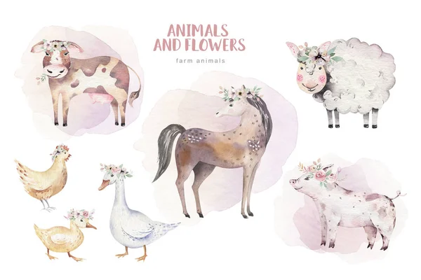 Boerderijen dierlijke set molen. Schattige huisdieren aquarel illustratie. paard en gans. ranchp varken ontwerp met geit. Haan kip en schapen, koe. — Stockfoto