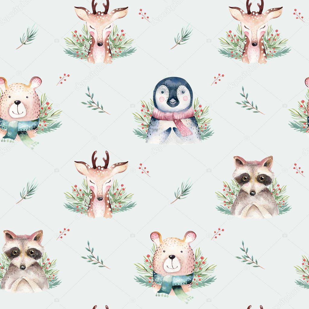 Watercolor seamless pattern with cute baby bear, raccoon, penguin and deer cartoon animal portrait design. Winter holiday card on white. New year decoration, merry christmas element