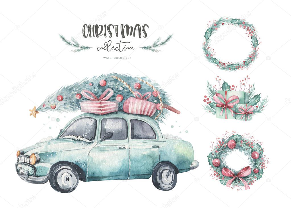 Watercolor christmas holiday card transportation illustration. Merry Xmas winter tree design with wreath. Hand painted New year retro vintage cars