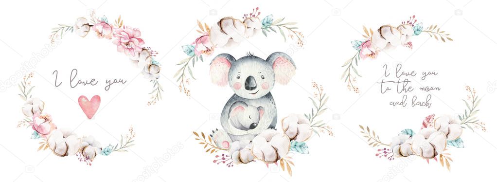 Watercolor cute cartoon little baby and mom koala with floral wreath. Isolated tropical illustration. Mother and baby design. Animal family. Kid love birthday drawing