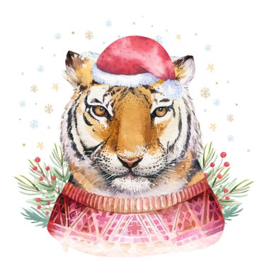 Izole sevimli karikatür suluboya eğlenceli Sibirya kaplan illüstrasyon ile Merry Christmas suluboya yazı. El çizim yeni yıl tatil tebrik kartı.