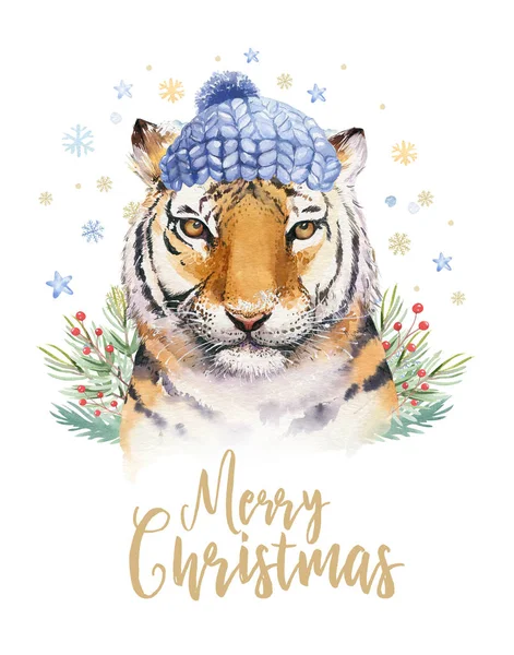 Joyeux Noël aquarelle lettrage avec mignon dessin animé isolé aquarelle amusant tigre sibérien illustration. Dessin à la main nouvelle carte de voeux de vacances année . — Photo
