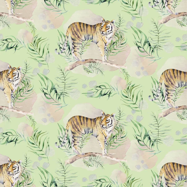 Seamless watercolor animal tiger pattern with tigers with tropical leaves, aloha jungle hawaiian. Hand painted palm leaf. Texture with tropic summer background, paper, textile or wallpaper design.