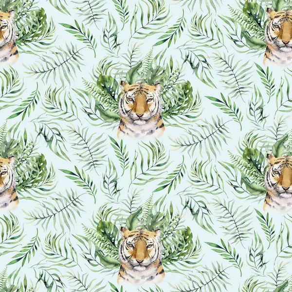 シームレスな水彩動物タイガー パターン熱帯の葉でトラとアロハ ジャングル ハワイ。手描きのヤシの葉。熱帯の夏の背景、紙、テキスタイルや壁紙のデザインを持つテクスチャー. — ストック写真