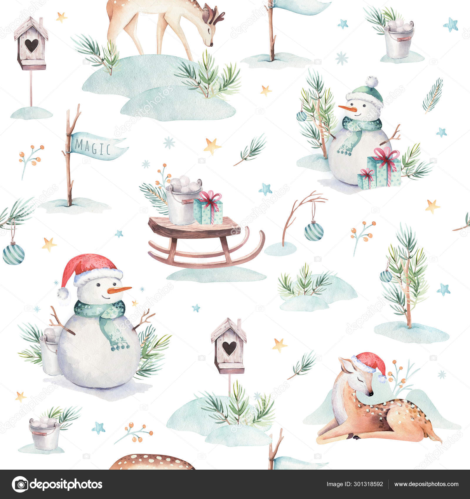 Aquarelle Motif Sans Couture Avec Bebe Cerf Mignon Bonhomme De Neige Lapin Et Cerf Dessin Anime