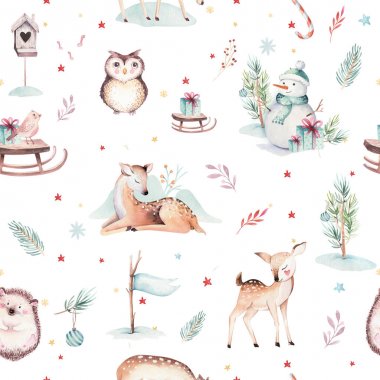 Sevimli bebek geyik, kardan adam, tavşan ve geyik karikatür hayvan portre tasarımı ile suluboya dikişsiz desen. Beyaz kış tatili ayı kartı. Yeni yıl dekorasyon, mutlu noel öğesi