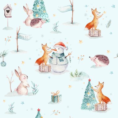 Sevimli bebek geyik, kardan adam, tavşan ve geyik karikatür hayvan portre tasarımı ile suluboya dikişsiz desen. Beyaz kış tatili ayı kartı. Yeni yıl dekorasyon, mutlu noel öğesi