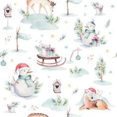 Sevimli bebek geyik, kardan adam, tavşan ve geyik karikatür hayvan portre tasarımı ile suluboya dikişsiz desen. Beyaz kış tatili ayı kartı. Yeni yıl dekorasyon, mutlu noel öğesi
