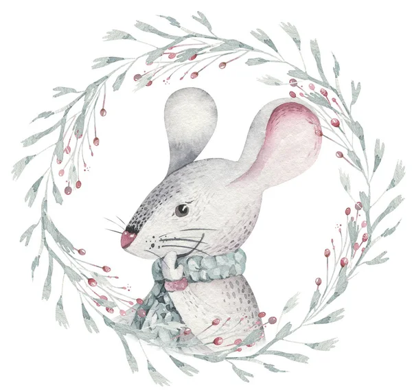 Aranyos vicces rajzfilm karácsonyi egér karácsonyi üdvözlőlap. Akvarell kézzel rajzolt patkány állat illusztráció. Új év 2020 üdülési rajzot. Izolált kínai szimbólum — Stock Fotó