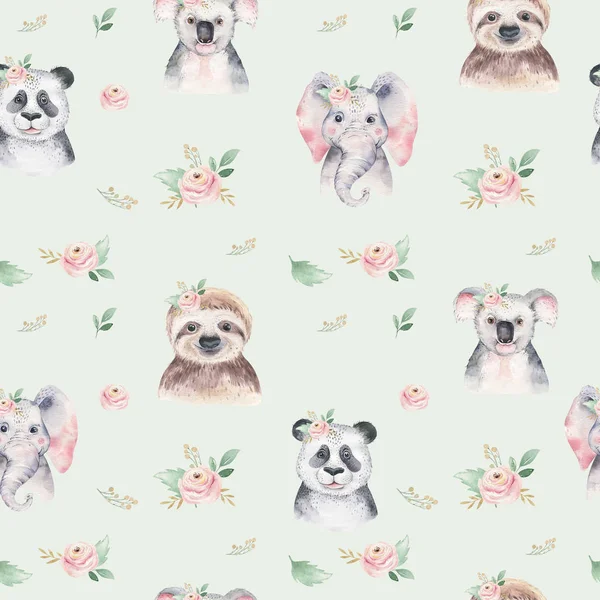 Acuarela Patrón sin costuras con un panda perezoso bebé y koala. fondo dibujos animados elefante animales tropicales —  Fotos de Stock