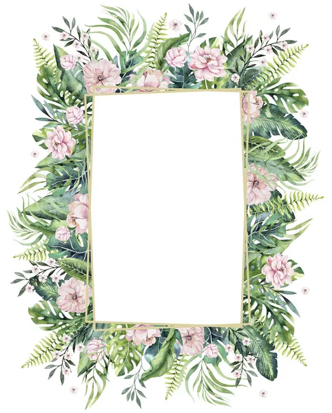 Aquarelle dessinée à la main fleurariums en or tropical avec flamant rose. Illustrations de cadre de florarium exotiques pour le texte, jungle backgraund Parfait pour mariage invitation Aloha — Photo