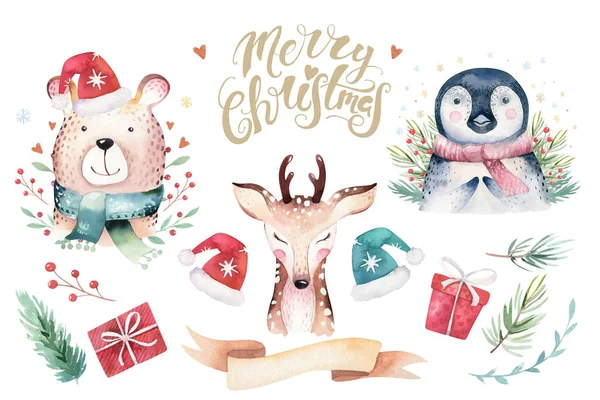 水彩可爱的小熊，鹿，熊和企鹅卡通动物肖像设计。白色背景的寒假卡。新年装饰，圣诞快乐元素 — 图库照片
