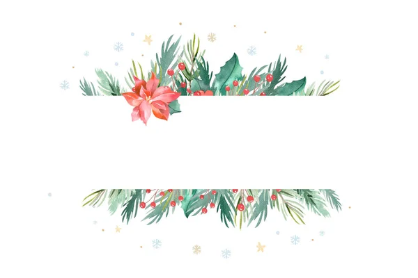 Aquarelle conception de Noël composition de poinsettia, branches de sapin, cônes, houx et autres plantes affiche. Housse d'hiver, invitation, bannière latérale, carte de vœux . — Photo