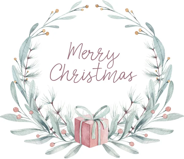 雑草と水彩クリスマスカード。クリスマスの装飾を描く手。冬の休日のデザイン。クリスマスのグリーティングカードのベリーリース。北欧のポストカード — ストック写真