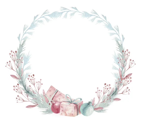 Vodová barva zimní květinové věnec. Šťastné a veselé Vánoce design dekorační karty. Ručně malované stromové větvení skladba izolovaná na bílém pozadí. — Stock fotografie