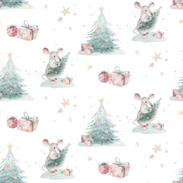 水彩圣诞快乐无缝模式与圣诞树和老鼠，节日可爱的小老鼠动物。圣诞树庆祝纸。冬季新年设计. — 图库照片