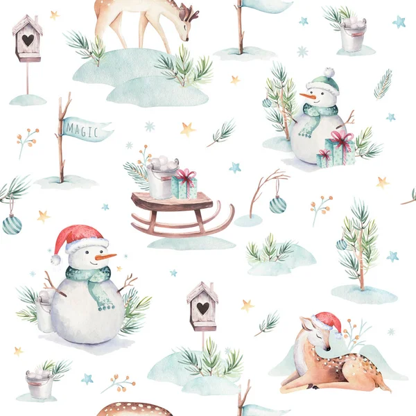 Акварельный рисунок без печати с милым детским оленем, снеговиком, зайчиком и оленем. Зимний праздник медвежья карта на белом. Новогоднее оформление, весёлый рождественский элемент — стоковое фото
