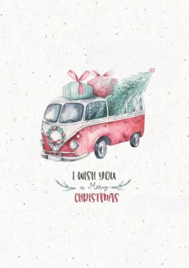 Suluboya Noel kartı taşıma illüstrasyonu. Mutlu Xmas kış ağacı tasarımı. Yeni yıl antika arabalar.