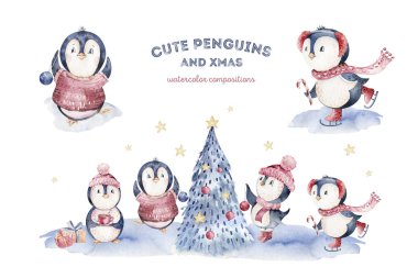 Suluboya mutlu noel karakteri penguen çizimi. Kış çizgi filmi sevimli hayvan tasarım kartını izole etti. Kar tatili penguenleri.