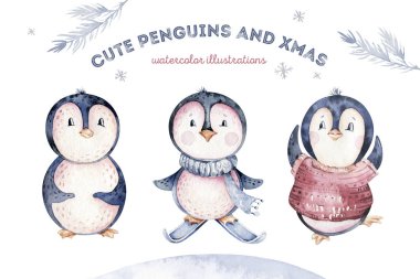 Suluboya mutlu noel karakteri penguen çizimi. Kış çizgi filmi sevimli hayvan tasarım kartını izole etti. Kar tatili penguenleri.