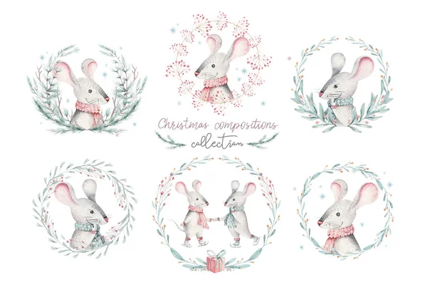 Lindo Dibujo Animado Navidad Ratas Tarjeta Navidad Acuarela Ilustración Animal —  Fotos de Stock