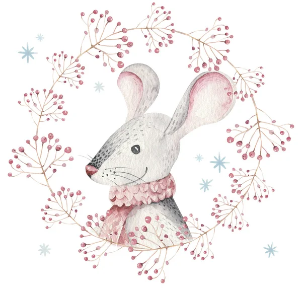 Cute cartoon christmas rat mouse christmas card. Watercolor hand drawn animal illustration. New Year 2020 holiday drawing