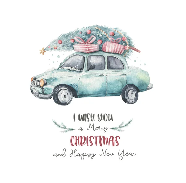 水彩画圣诞贺卡运输图解 圣诞快乐 冬树的设计 新年复古汽车 — 图库照片