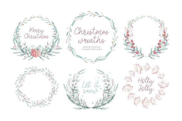 雑草と水彩クリスマスカード クリスマスの装飾を描く手 冬の休日のデザイン クリスマスグリーティングカードのためのベリー花輪 — ストック写真