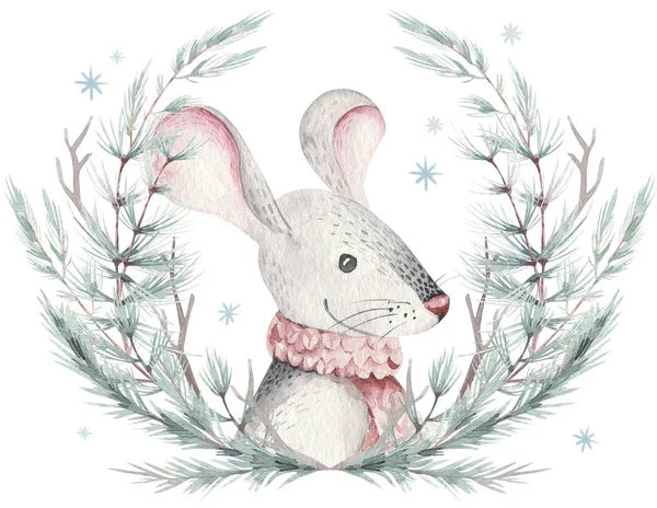 Aranyos Rajzfilm Karácsonyi Patkány Egér Karácsonyi Kártya Akvarell Kézzel Rajzolt — Stock Fotó