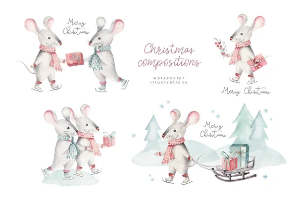 Cute cartoon christmas rats  christmas card. Watercolor hand drawn animal illustration. New Year 2020 holiday drawing