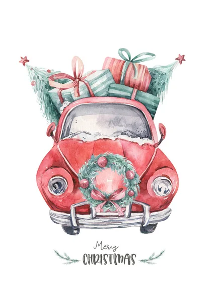 Υδατογραφία Χριστουγεννιάτικη Κάρτα Μεταφοράς Εικονογράφηση Καλά Χριστούγεννα Σχεδιασμό Δέντρο Χειμώνα — Φωτογραφία Αρχείου