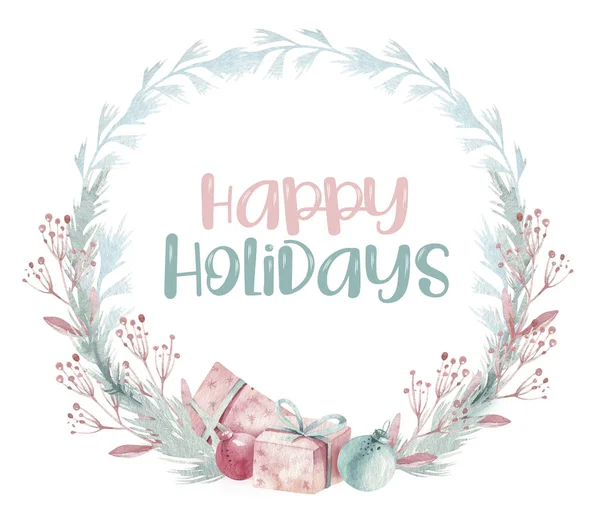 Suluboya kış çiçekli çelenk. Mutlu Noeller ve yeni yıl dekorasyon kartı tasarımınız kutlu olsun. El boyaması ağaç dalları kompozisyonu. Holly neşeli tasarım