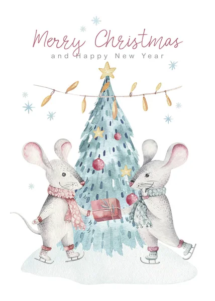Słodkie Kreskówki Świąteczne Szczury Kartka Świąteczna Akwarela Ręcznie Rysowane Zwierzę — Zdjęcie stockowe
