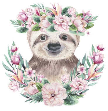 Bebek tembelliği olan bir poster. Suluboya karikatür tembel tropikal hayvan illüstrasyon. Orman egzotik yaz baskı.