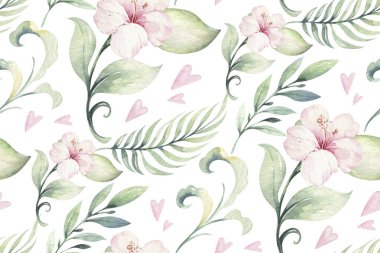 El çizilmiş suluboya tropikal çiçek dikişsiz desen. Egzotik palmiye yaprakları, orman ağacı, brezilya tropik botanik dekorasyon botanik elemanları ve çiçekler. Kumaş tasarımı için mükemmel.