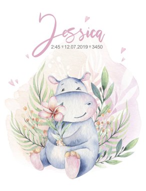 El sevimli izole tropikal yaz suluboya su aygırı hayvanlar çizilmiş. su aygırı bebek ve anne karikatür hayvan illüstrasyonlar, orman ağacı, brezilya trendy tasarım. Aloha koleksiyonu.