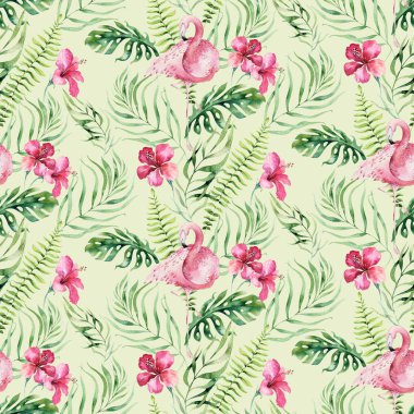 Elle çizilmiş suluboya tropik kuş flamingo seamless modeli. Egzotik kuş illüstrasyonlar, Orman ağacı, Brezilya moda sanat gül. Kumaş tasarım için mükemmel. Aloha koleksiyonu.