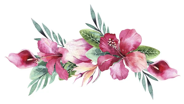 Acuarela ramo floral dibujado a mano con plantas tropicales y flores —  Fotos de Stock