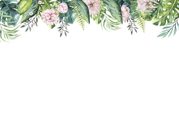 Вручную нарисованные акварелью тропические инвиртации backgraund фламинго. Иллюстрации экзотических розовых птиц, деревья джунглей, модное искусство Бразилии. Идеально подходит для дизайна ткани. Коллекция Алоха . — стоковое фото