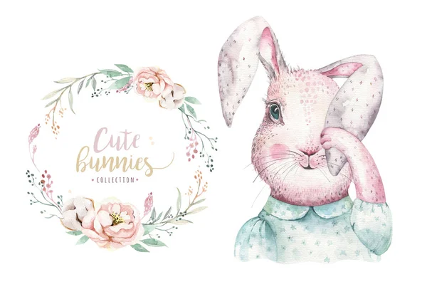 Dibujo a mano conejitos de dibujos animados acuarela de Pascua con hojas, ramas y plumas. índigo Acuarela conejo vacaciones ilustración en estilo boho vintage. tarjeta de conejo . — Foto de Stock