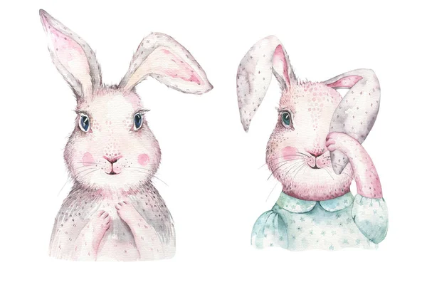 Dibujo a mano conejitos de dibujos animados acuarela de Pascua con hojas, ramas y plumas. índigo Acuarela conejo vacaciones ilustración en estilo boho vintage. tarjeta de conejo . — Foto de Stock