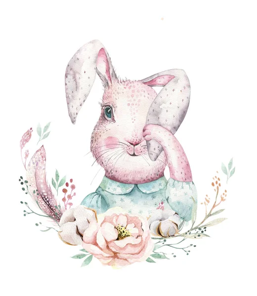Met de hand tekenen aquarel cartoon konijntjes met bladeren, takken en veren. indigo Aquarel konijn vakantie illustratie in vintage boho stijl. konijnenkaart. — Stockfoto