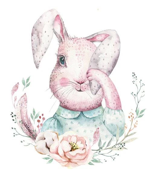 Met de hand tekenen aquarel cartoon konijntjes met bladeren, takken en veren. indigo Aquarel konijn vakantie illustratie in vintage boho stijl. konijnenkaart. — Stockfoto