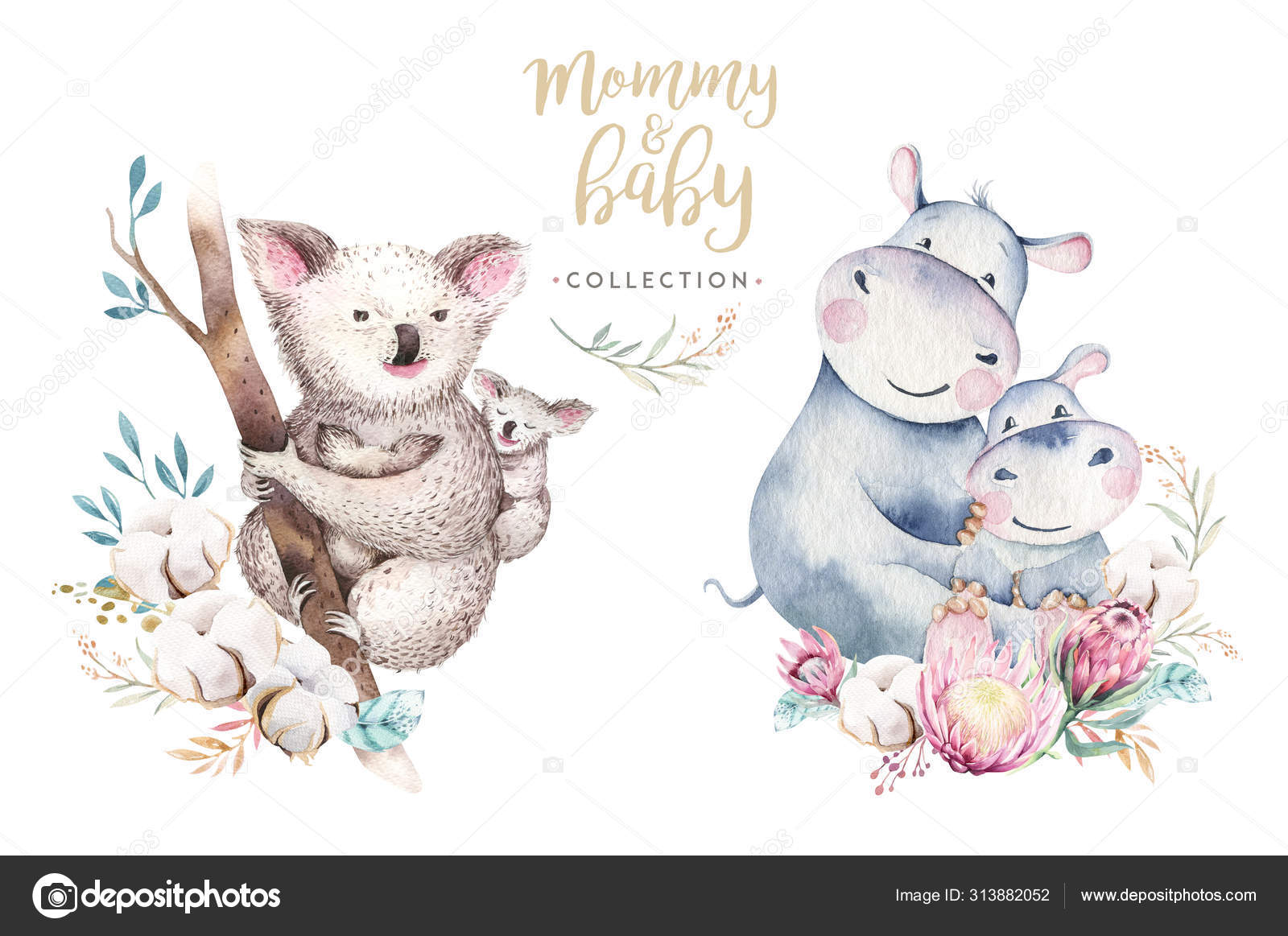 Watercolor Cute Cartoon Little Baby And Mom Koala With Hippo Floral Wreath Isolated Tropical Illustration Mother And Baby Design Animal Family Kid Love Birthday Drawing Stock Photo By C Mykef
