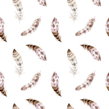 El çizilmiş suluboya resimleri canlı tüy dikişsiz desen . Boho tarzı kanatlar. beyaz üzerinde izole edilmiş illüstrasyon. T-shirt, davetiye, düğün kartı için kuş sinek tasarım. Rustik Parlak renkler.