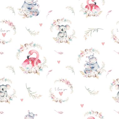Tatlı suluboya çizgi film küçük bebek ve anne koala, su aygırı, çiçeksiz çiçek desenli flamingo. Tropik kumaş arka plan. Anne ve bebek tasarımı. Hayvan çizimi