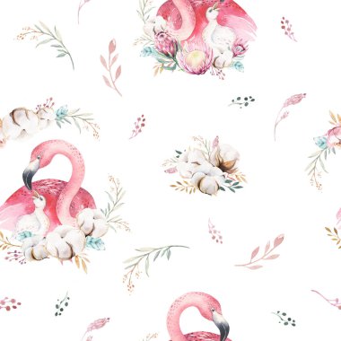 Çiçek çelenk dikişsiz desen ile Suluboya sevimli karikatür küçük bebek ve anne flamingo. tropikal kumaş arka plan. Anne ve bebek tasarımı. Hayvan çizimi